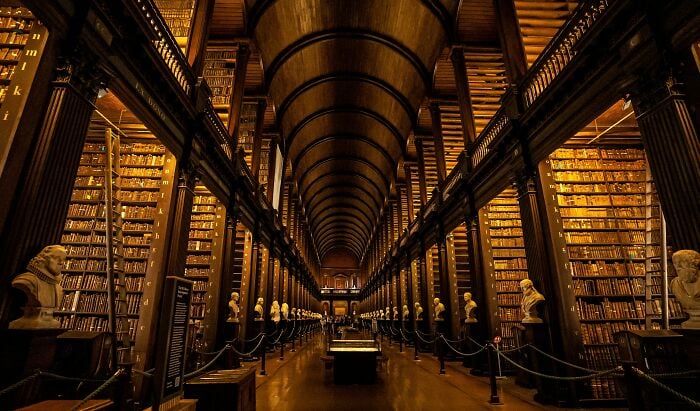 Interno di una biblioteca grandiosa e accogliente con imponenti scaffali, archi in legno e busti in marmo che fiancheggiano un'ampia navata.